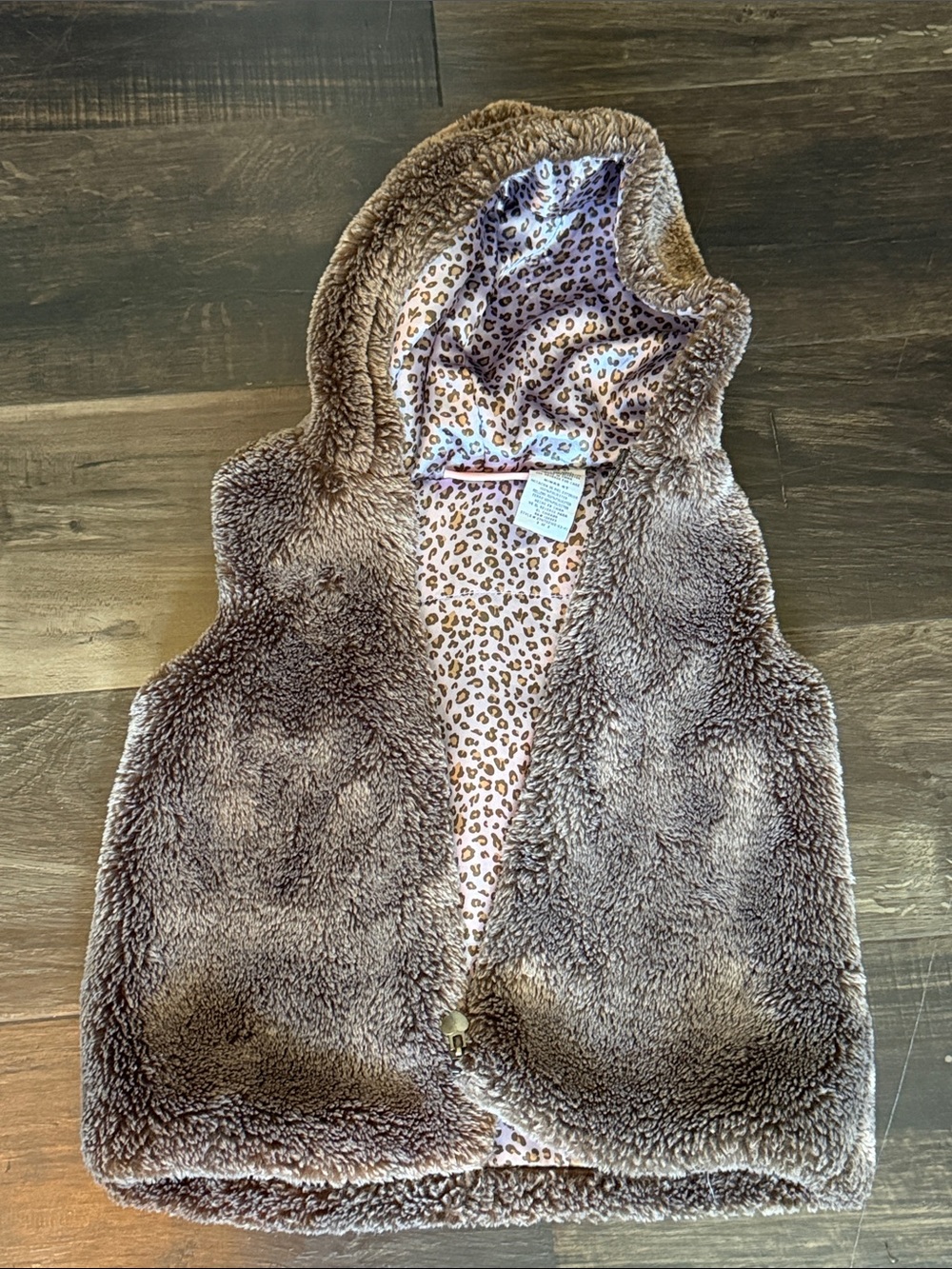 Kids Headquarters Brown Fuzzy Hooded Vest with Leopard Print Lining